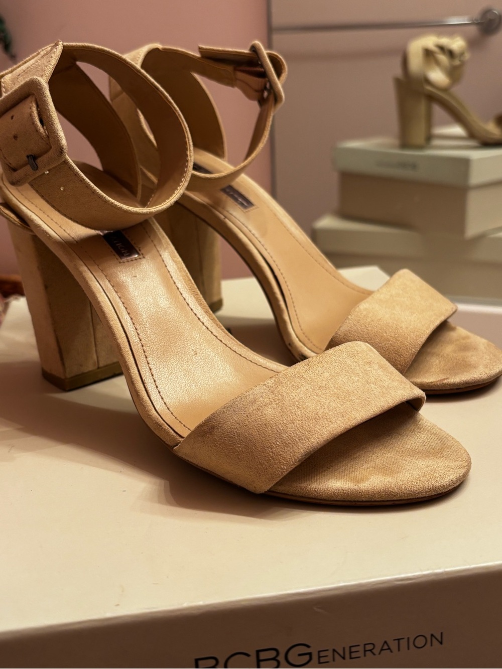BCBGeneration Beige Suede Block Heel Sandals